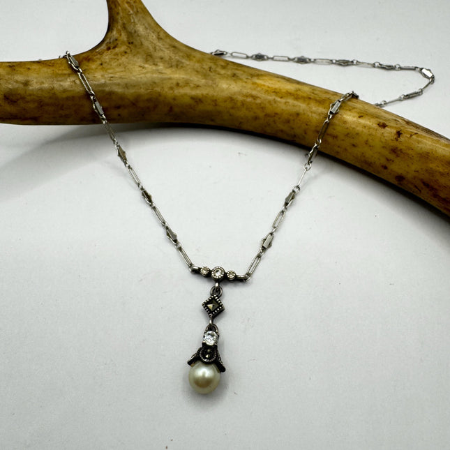Vintage Pearl Marcasite Pendant Choker: 925 Sterling Silver