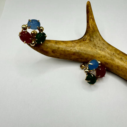 Vintage Green Nephrite Jade Carnelian Scarabs Screw Clip-On Earrings