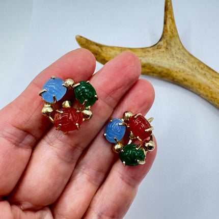 Vintage Green Nephrite Jade Carnelian Scarabs Screw Clip-On Earrings