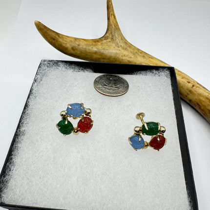 Vintage Green Nephrite Jade Carnelian Scarabs Screw Clip-On Earrings