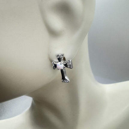 Vintage Sterling Silver Cross Earrings, Tiny White Fire Opal Studs (Minimalist Everyday)