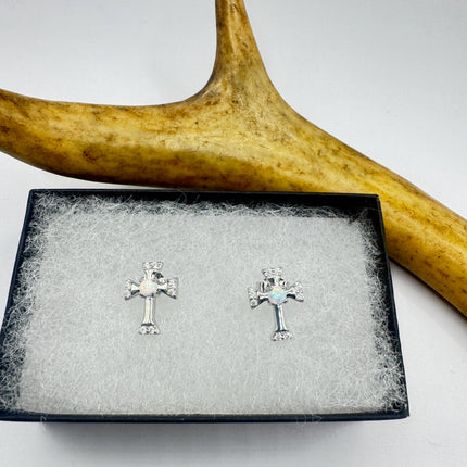 Vintage Sterling Silver Cross Earrings, Tiny White Fire Opal Studs (Minimalist Everyday)