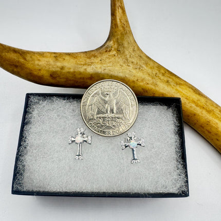 Vintage Sterling Silver Cross Earrings, Tiny White Fire Opal Studs (Minimalist Everyday)