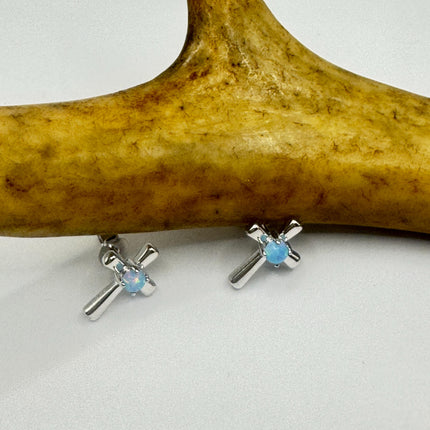 Vintage Sterling Silver Cross Earrings, Tiny White Fire Opal Studs (Minimalist Everyday)