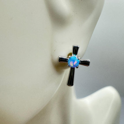 Vintage Sterling Silver Cross Earrings, Tiny White Fire Opal Studs (Minimalist Everyday)