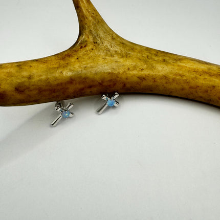 Vintage Sterling Silver Cross Earrings, Tiny White Fire Opal Studs (Minimalist Everyday)