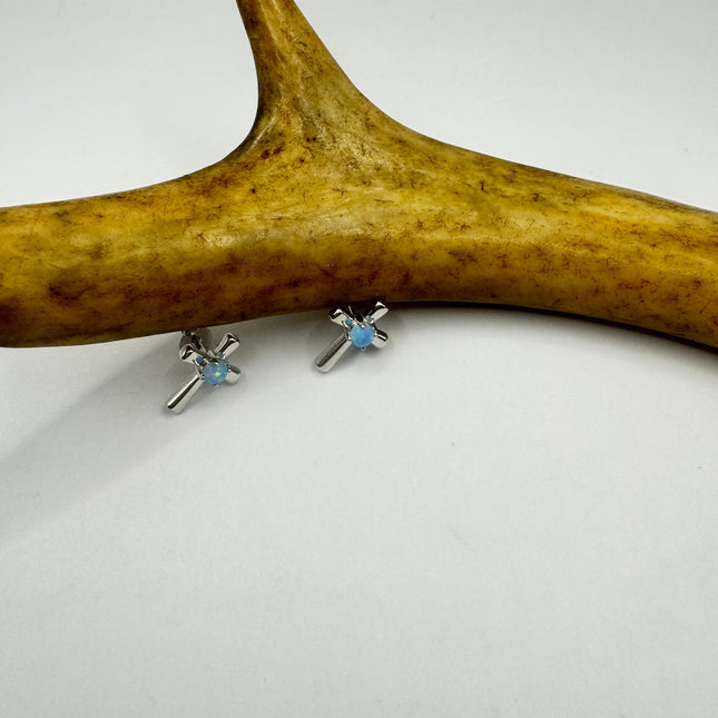Vintage Sterling Silver Cross Earrings, Tiny White Fire Opal Studs (Minimalist Everyday)