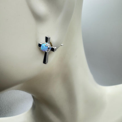 Vintage Sterling Silver Cross Earrings, Tiny White Fire Opal Studs (Minimalist Everyday)