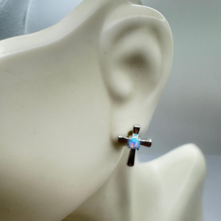 Vintage Sterling Silver Cross Earrings, Tiny White Fire Opal Studs (Minimalist Everyday)