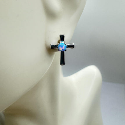 Vintage Sterling Silver Cross Earrings, Tiny White Fire Opal Studs (Minimalist Everyday)
