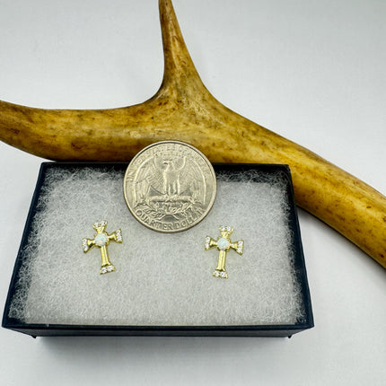 Vintage Gold Sterling Silver Cross Earrings, Tiny White Fire Opal Studs (Minimalist Everyday)