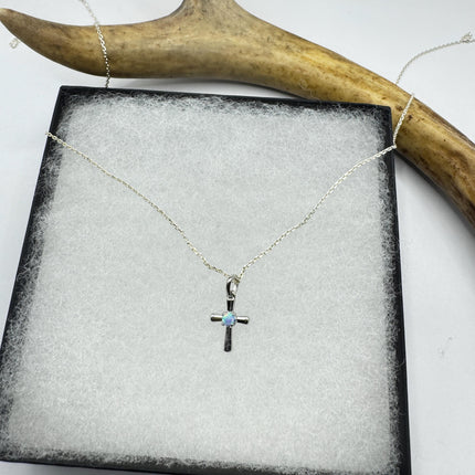 Tiny Fire Opal Cross Necklace - Sterling Silver Minimalist Jewelry