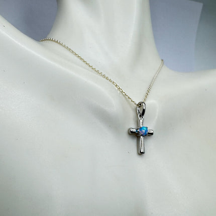 Tiny Fire Opal Cross Necklace - Sterling Silver Minimalist Jewelry