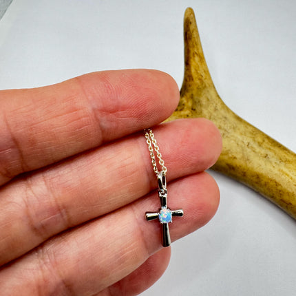 Tiny Fire Opal Cross Necklace - Sterling Silver Minimalist Jewelry
