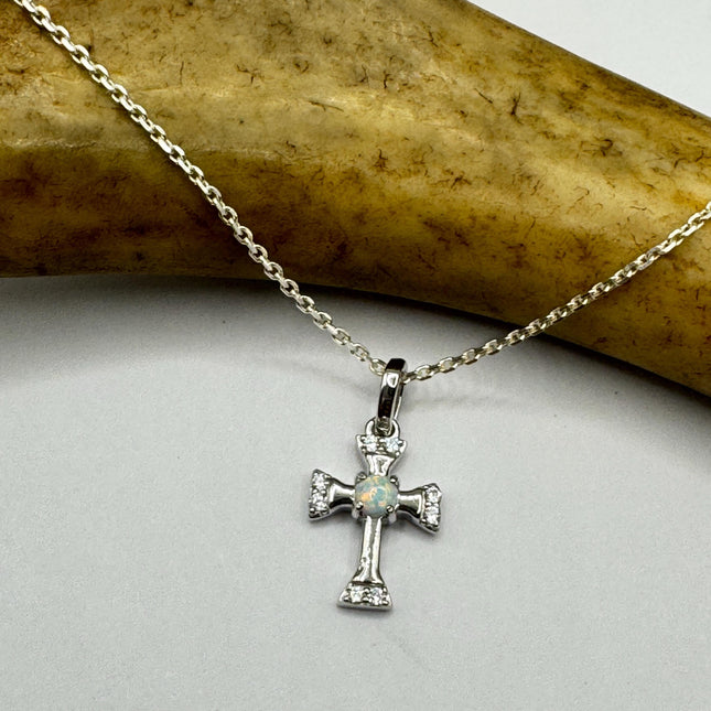 Tiny Fire Opal Cross Necklace - Sterling Silver Minimalist Jewelry