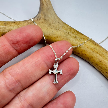 Tiny Fire Opal Cross Necklace - Sterling Silver Minimalist Jewelry