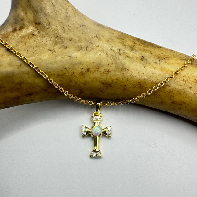 Tiny Fire Opal Cross Necklace - Sterling Silver Minimalist Jewelry