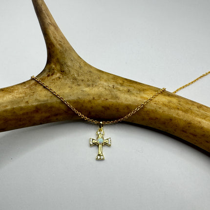 Tiny Fire Opal Cross Necklace - Sterling Silver Minimalist Jewelry