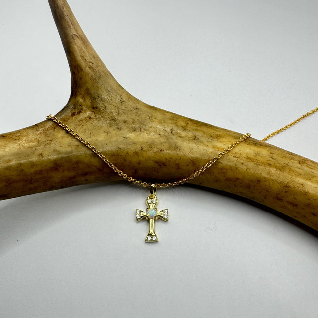 Tiny Fire Opal Cross Necklace - Sterling Silver Minimalist Jewelry
