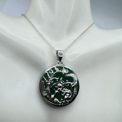 Vintage Green Jade Deco Silver Dragon Pendant Necklace Black Velvet Choker