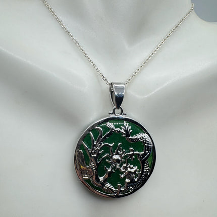 Vintage Green Jade Deco Silver Dragon Pendant Necklace Black Velvet Choker