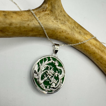 Vintage Green Jade Deco Silver Dragon Pendant Necklace Black Velvet Choker