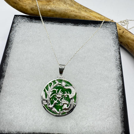 Vintage Green Jade Deco Silver Dragon Pendant Necklace Black Velvet Choker