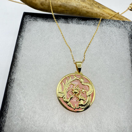 Vintage Rose Quartz Dragon Choker Gold Filled Necklace Pink Gemstone Necklace