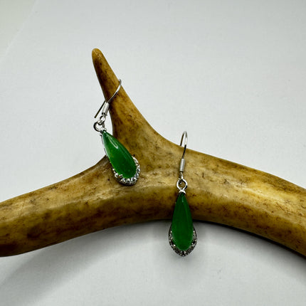 Vintage Green Jade Dangle Lucky Silver Earrings