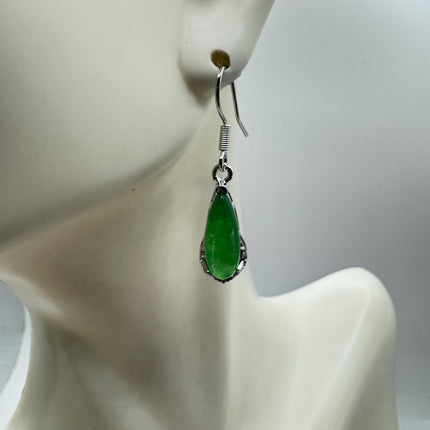 Vintage Green Jade Dangle Lucky Silver Earrings