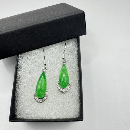 Vintage Green Jade Dangle Lucky Silver Earrings