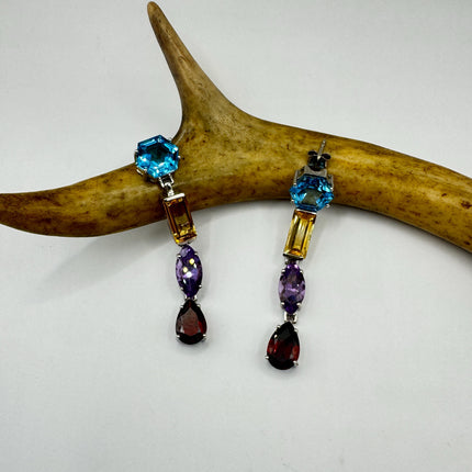 Vintage Sterling Silver Chandelier Earrings | Mixed Gemstones, Amethyst, Blue Topaz, Garnet Citrine