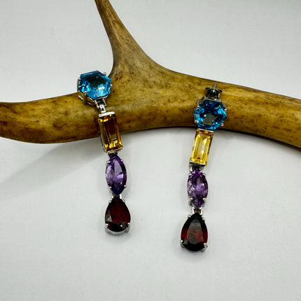 Vintage Sterling Silver Chandelier Earrings | Mixed Gemstones, Amethyst, Blue Topaz, Garnet Citrine