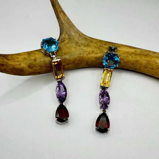 Vintage Sterling Silver Chandelier Earrings | Mixed Gemstones, Amethyst, Blue Topaz, Garnet Citrine