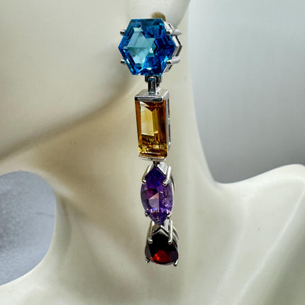 Vintage Sterling Silver Chandelier Earrings | Mixed Gemstones, Amethyst, Blue Topaz, Garnet Citrine