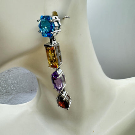 Vintage Sterling Silver Chandelier Earrings | Mixed Gemstones, Amethyst, Blue Topaz, Garnet Citrine