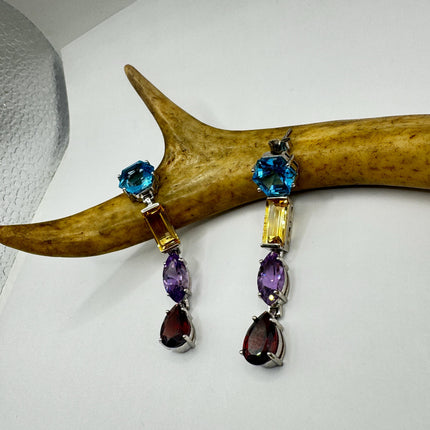 Vintage Sterling Silver Chandelier Earrings | Mixed Gemstones, Amethyst, Blue Topaz, Garnet Citrine