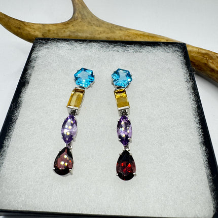 Vintage Sterling Silver Chandelier Earrings | Mixed Gemstones, Amethyst, Blue Topaz, Garnet Citrine