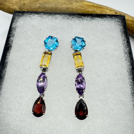 Vintage Sterling Silver Chandelier Earrings | Mixed Gemstones, Amethyst, Blue Topaz, Garnet Citrine