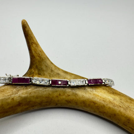 Vintage Pink Ruby and Crystal Tennis Bracelet: 925 Sterling Silver