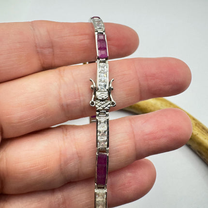 Vintage Pink Ruby and Crystal Tennis Bracelet: 925 Sterling Silver