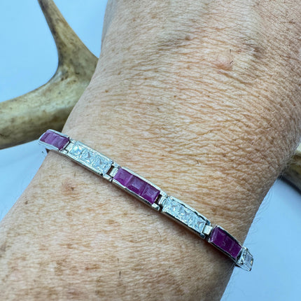 Vintage Pink Ruby and Crystal Tennis Bracelet: 925 Sterling Silver