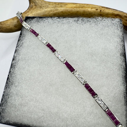 Vintage Pink Ruby and Crystal Tennis Bracelet: 925 Sterling Silver