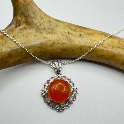 Vintage Red Carnelian and Ruby 925 Sterling Silver Necklace Everyday Bold Statement Pendant
