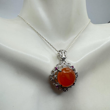 Vintage Red Carnelian and Ruby 925 Sterling Silver Necklace Everyday Bold Statement Pendant