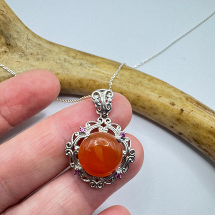 Vintage Red Carnelian and Ruby 925 Sterling Silver Necklace Everyday Bold Statement Pendant
