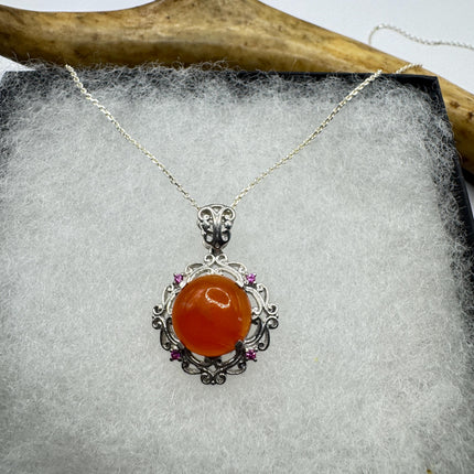 Vintage Red Carnelian and Ruby 925 Sterling Silver Necklace Everyday Bold Statement Pendant
