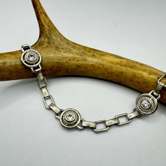 Vintage Silver Chunky Bracelet | Diamond Look Cubic Zirconia 925 Sterling Silver