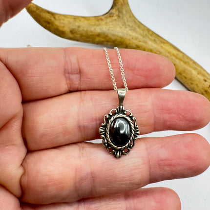 Vintage Filigree Hematite Pendant Necklace | 925 Sterling Silver on a fine chain