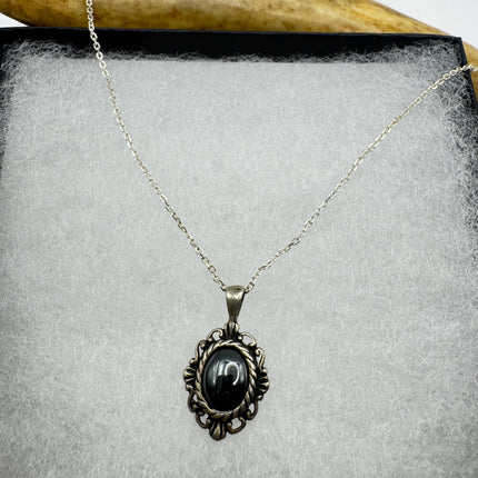 Vintage Filigree Hematite Pendant Necklace | 925 Sterling Silver on a fine chain